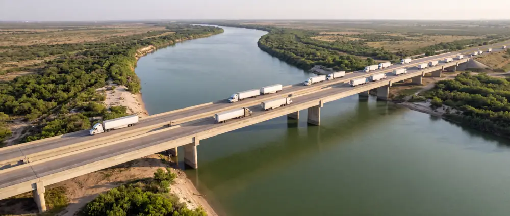Puente de carga con tráileres sobre un río en la frontera